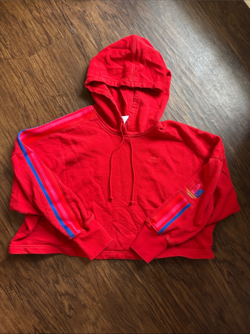 adidas Red Hooded Cropped Sweatshirt with Drawstring